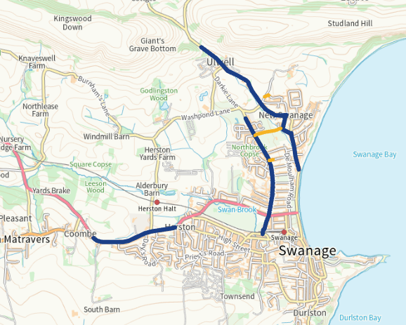 Map of Swanage showing the proposed cycling routes: a path along the A351 towards Herston, marked cycle lanes on Northbrook Road and towards Ulwell, and cut-throughs linking the town centre.