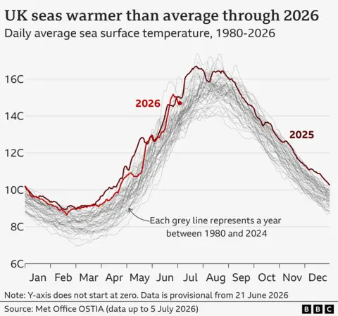 Chart showing UK near-coast sea surface temperature and marine heatwave conditions